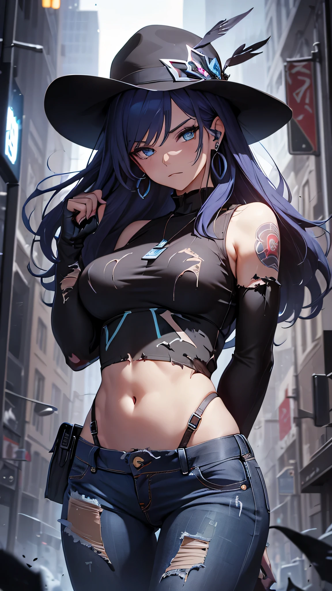 最high quality、best image quality、masterpiece、teenage girl((18-year-old、 By becoming、vest bust、medium bust,wide open breast tea、black eye, black hair、long hair、thin,highest valley、Torn black t-shirt(2:3)、angry face,damaged pants(2:3)、Perforated gloves、blue earrings、dog tag、Please show me your whole body、fighting pose、black hat)),high quality、beautiful art、background((City of night、Blue lightning strike、heavy rain、strong wind、Center of the intersection)),debris flies、Depth of written boundary、movie、visual art、perfect art、8K,genuine