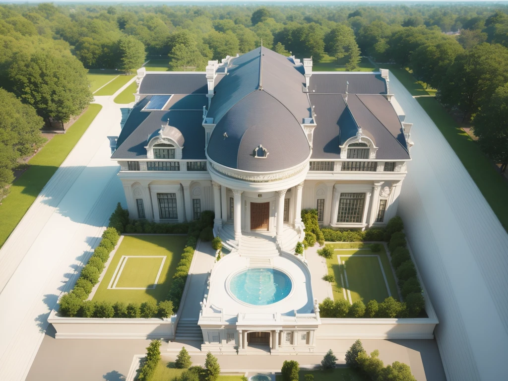 Garden villa, with swimming pool, garden in neoclassical styleClassical style, masterpiece, surreal, rendered by Vray 2023, Vantage, rendered 8k, 16k, ultra HD, iron patterned railings, doors and Wooden windows, Natural light, cloudy, daylight, fence around the house, 16K
