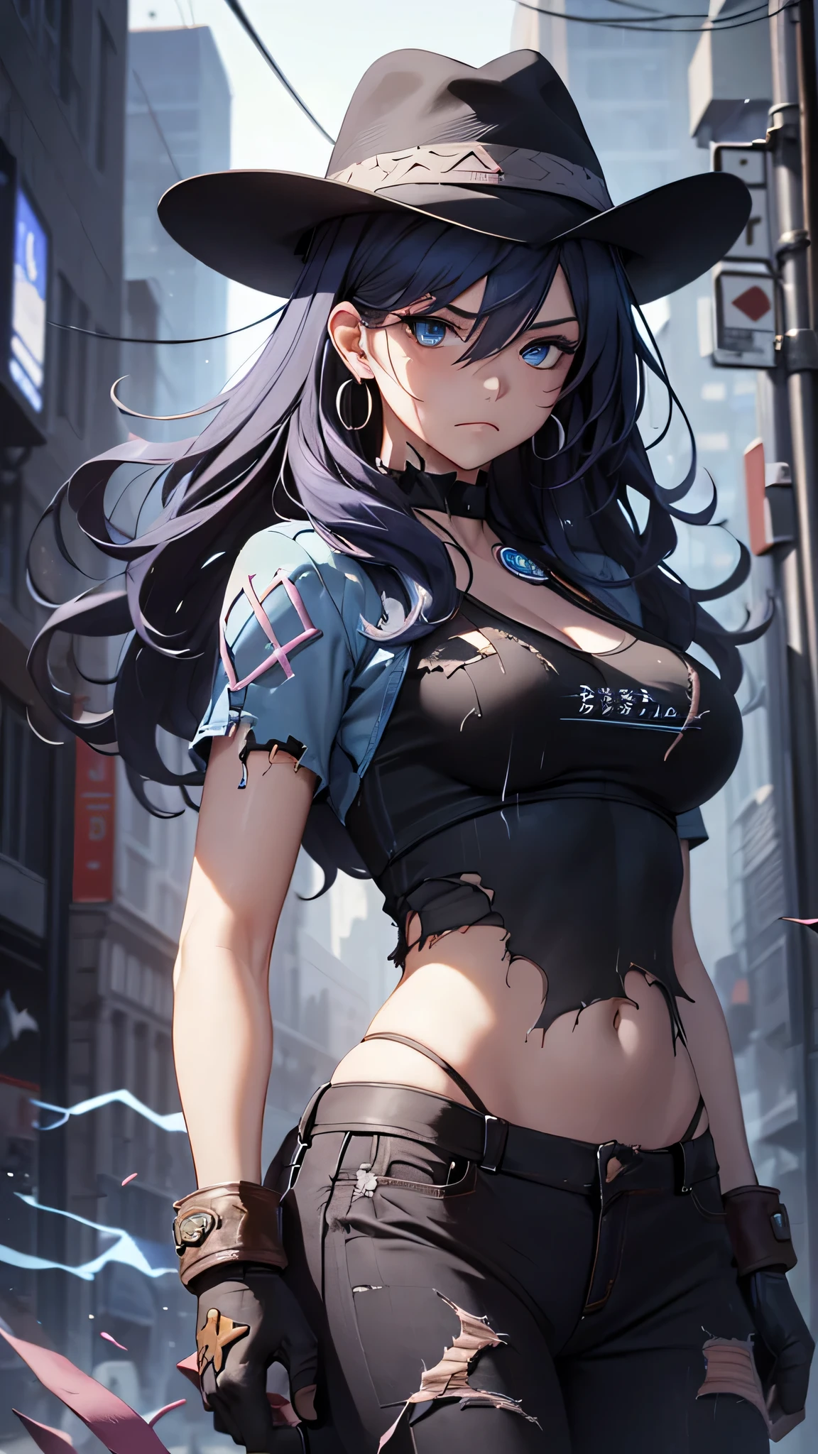 最high quality、best image quality、masterpiece、teenage girl((18-year-old、 By becoming、vest bust、medium bust,wide open breast tea、black eye, black hair、long hair、thin,highest valley、Torn black t-shirt(2:3)、angry face,damaged pants(2:3)、Perforated gloves、blue earrings、dog tag、Please show me your whole body、fighting pose)),high quality、beautiful art、background((City of night、Blue lightning strike、heavy rain、strong wind、Center of the intersection)),debris flies、Depth of written boundary、movie、visual art、perfect art、8K,genuine