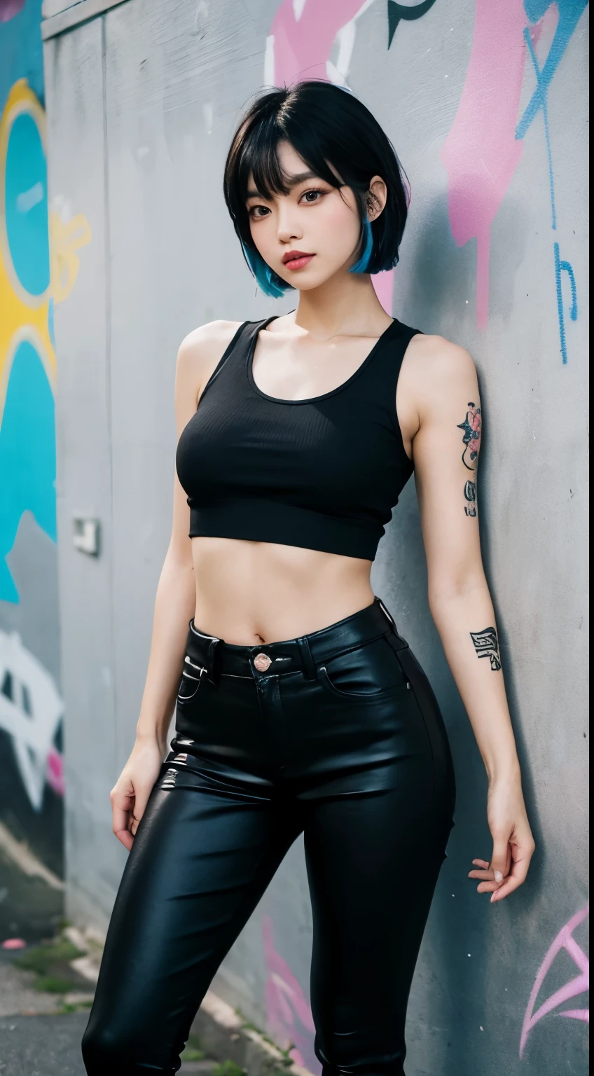best quality, Clarity, 4k, 8k, detail, actual, Beautiful Girl, Korean makeup, black lips, pink and blue mullet haircut, Perfect body, full yakuza tattoo arm, thigh, stand, pose standing, medium chest, tank top, black legging Pants, Solid graffiti wall background, Graffiti art,