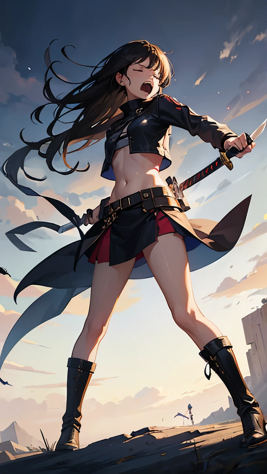 A cool girl holding a sword, belly button exposed, thin legs, wearing calf-length socks and boots, attacked by an enemy from behind and pushed away, screaming with her eyes closed, sweating