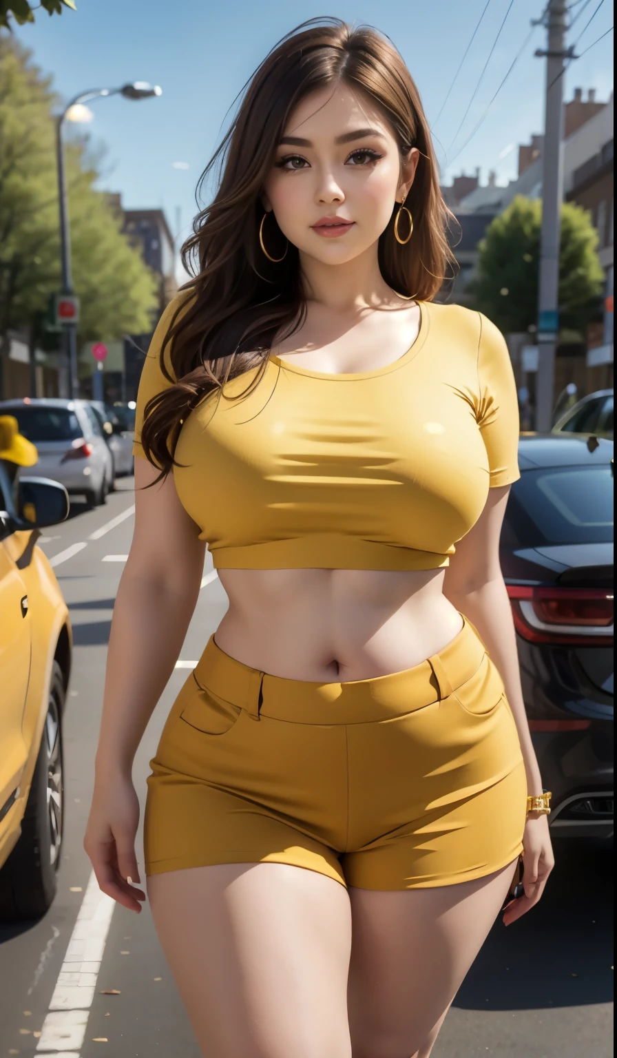 a woman in a yellow top and shorts posing for a picture, thicc, she has a jiggly fat round belly, bbwchan, skinny waist and thick hips, wearing honey - themed miniskirt, intriguing outfit, widest hips, thick body, hyperrealistic full figure, her belly is fat and round, wide hips, curvy model, thick