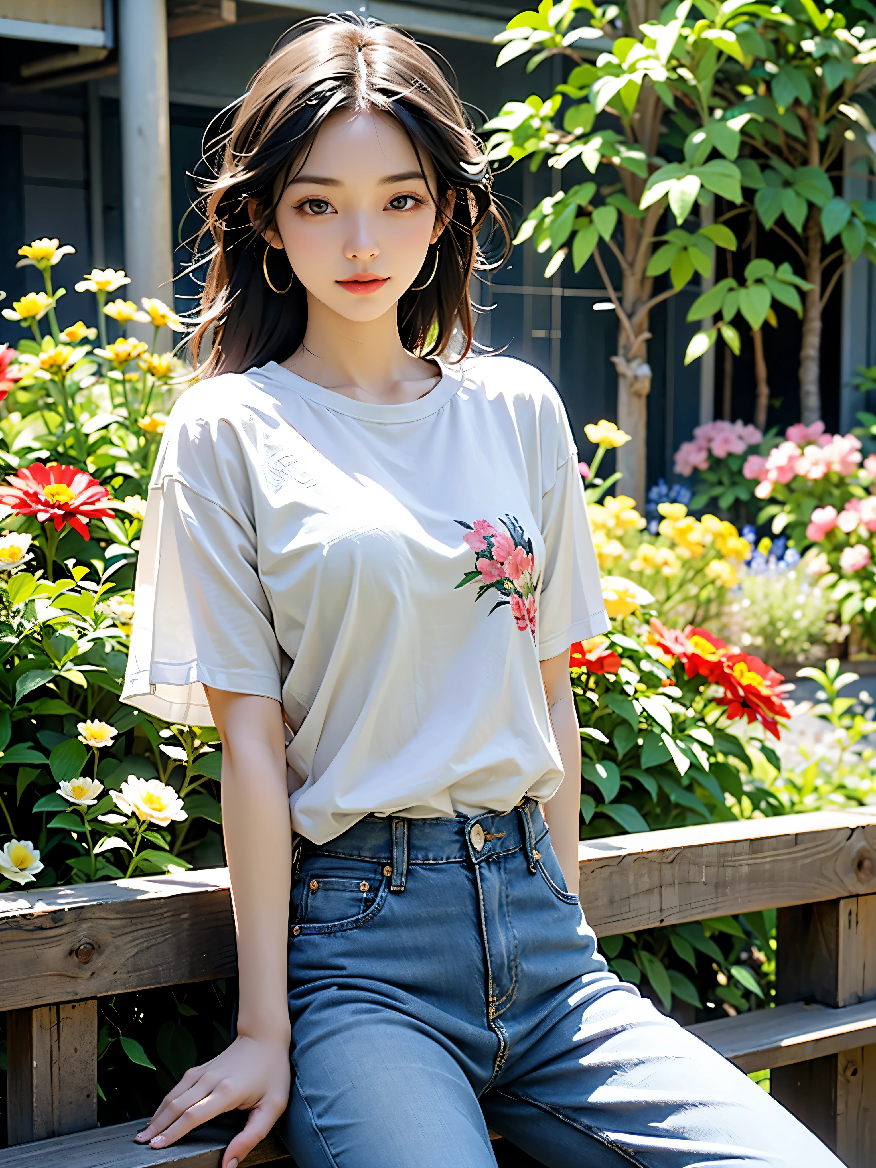 Create an image of an Asian woman wearing a t-shirt and jeans facing the viewer.. Surrounded by flower gardens, natural light