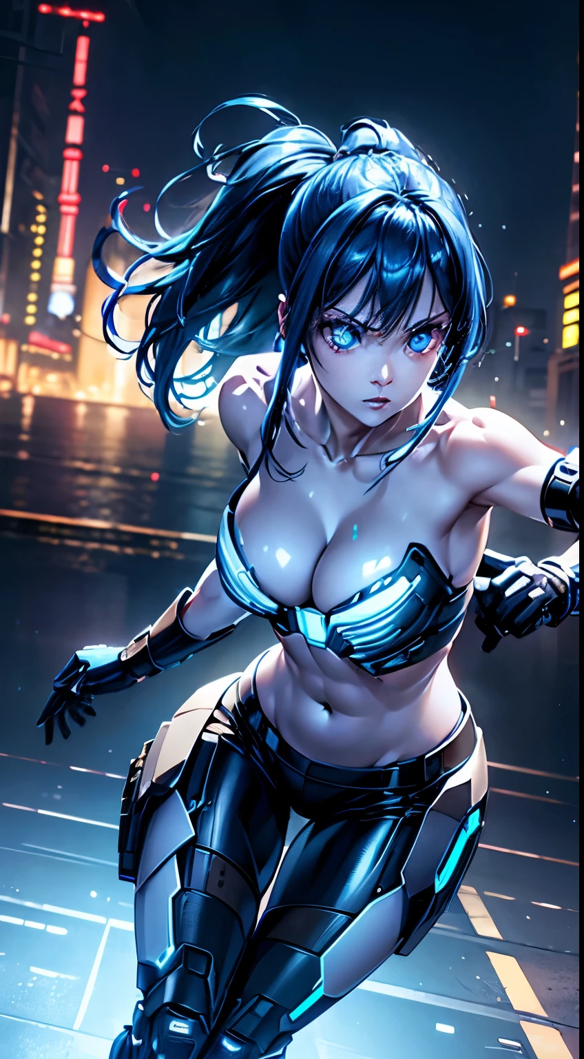 top-quality、masterpiece、超A high resolution、(Photorealsitic:1.4)、1人、bright blue hair、Straight hair, shiny and clean hair、White shiny skin、Sexy Cyberpunk Girl、((super realistic details))、Shadow、octan render、ultrasharp、hyperdetailed face、Fiberglass、Luminous tube、highly intricate detail、Realistic light、CGSoation Trends、(blue eyes)、(Facing the camera)、neon details、Mechanical limbs、Mechanical vertebrae attached to the back、mechanical cervical attaching to neck、Wires and cables connecting to the head、((valkyrie))、((Beam Cannon))、Combat stance、((seductive pose:0.8))、full body、glaring、