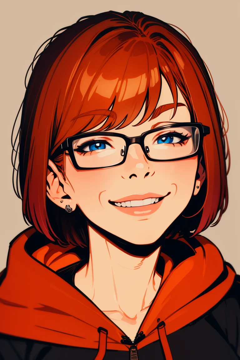 Ginger nerd, portrait, short hair, bangs, glasses, nose piercing, smile, detailed face, hoodie, portrait
