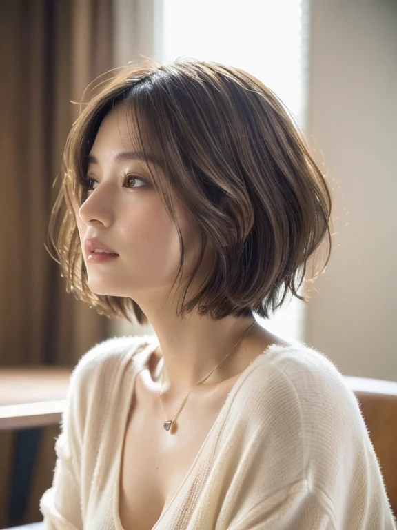 (Layered Haircut:1.2))、short wavy hair、8 thousand、(raw photo)、(top quality)、(フォトrealistic인:1.4)realistic to the touch realistic、(4Khigh-level image quality:1.2)、(high resolution, table top, top qualityの, high detail, official: 1.4), (realistic: 1.2, ハイパーrealistic인: 1.1, フォトrealistic인です: 1.37), depth of field, (Detailed description of hair), (Detailed description of the face), unparalleled beauty,, (35 years old,: 1.4)、a little depressed、white walls、Taken in front of the white door、(窓のあるwhite wallsの部屋)、natural and soft light、Short hair、beaverhair、realistic인、high-level image quality、high quality、profile、varied pose、profile、beaver、Random pose、Autumn clothes、Winter clothes、A simple necklace