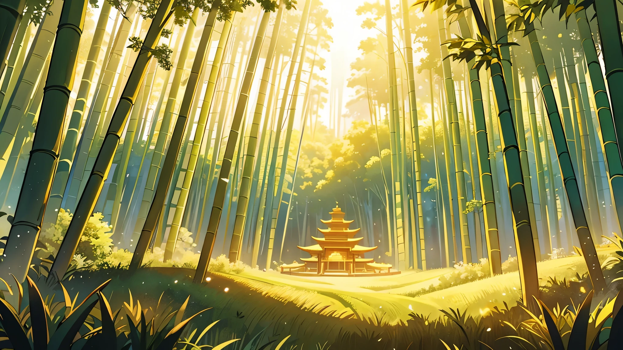 top of a very wide bamboo forest , extremely wide shot ,side shot , with no people , outdoor background , very big golden sky , golden dusk lighting,