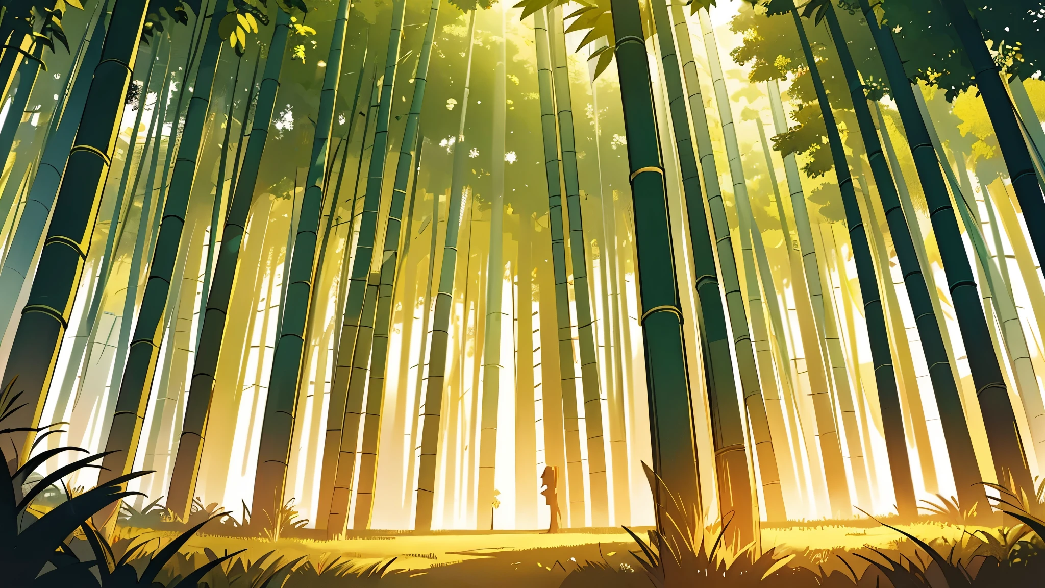 top of a very wide bamboo forest , extremely wide shot ,side shot , with no people , outdoor background , very big golden sky , golden dusk lighting,