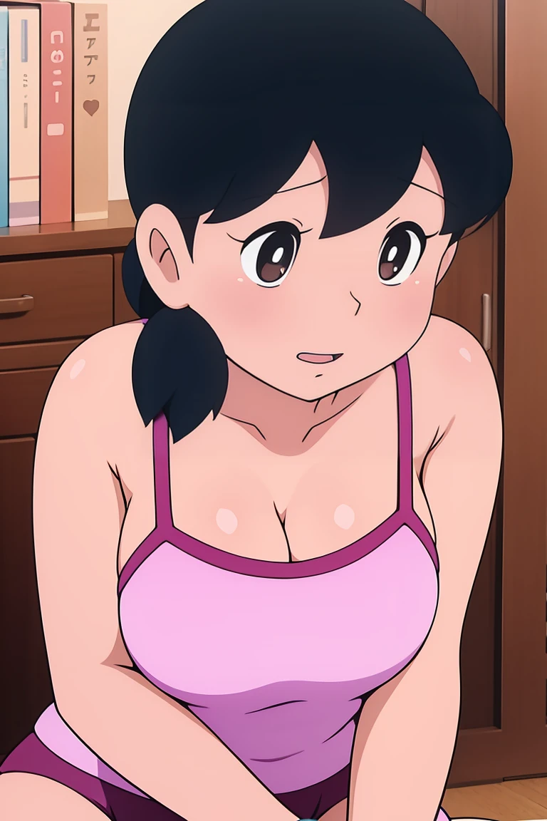 1girl, solo, upper body, black hair, twintails, large breasts, cleavage, short twintails, loose camisole, backrest on sofa,