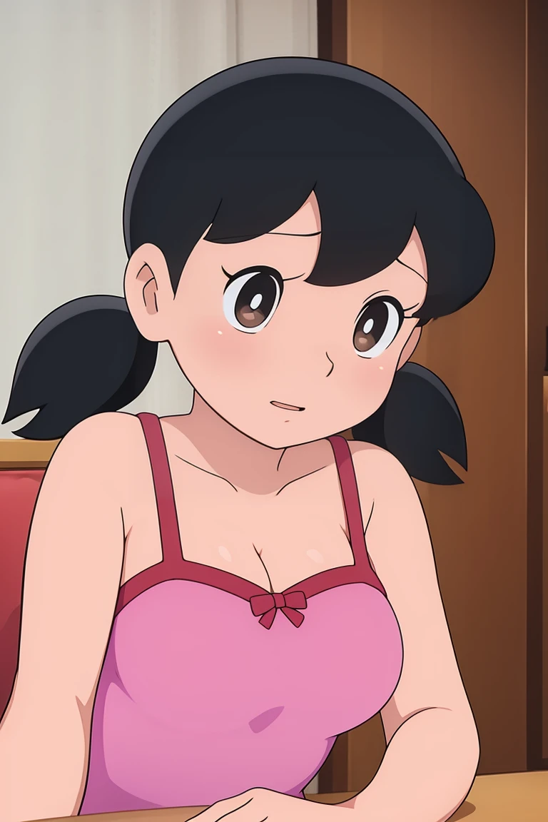 1girl, solo, upper body, black hair, twintails, large breasts, cleavage, short twintails, loose camisole, backrest on sofa,