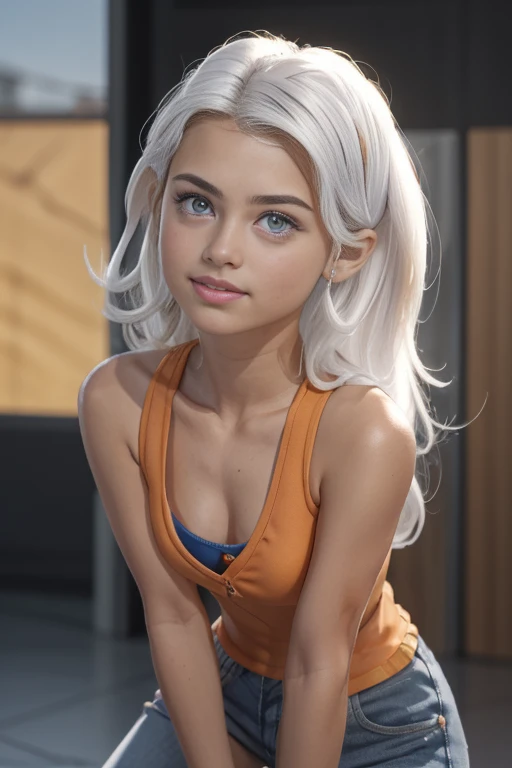 (La mejor calidad, 4k, 8k, Altas Resoluciones, obra maestra:1.2), ultra detallado, Cara detallada, Labios y ojos detallados..........., lindo maquillaje , aspecto atractivo, Rostro expresivo, realista,
QUEBRAR L ,beautiful caucasian woman with shoulder length messy wavy cabello blanco, 14 years old, modelo adolescente , Grandes ojos azules, nariz pequeña , piel clara, Slim and athletic 
QUEBRAR , (dynamic  pose),  Luz solar suave iluminando la escena, Sutil movimiento del viento en el cabello, cheerful expression, gloomy atmosphere, Suave, Natural lighting that emphasizes your features..........., Subtle shadows that add depth and dimension to the image..........., (joven) lleva una camiseta naranja , falda azul   , Small breasts , albina , linda chica , cabello plateado 