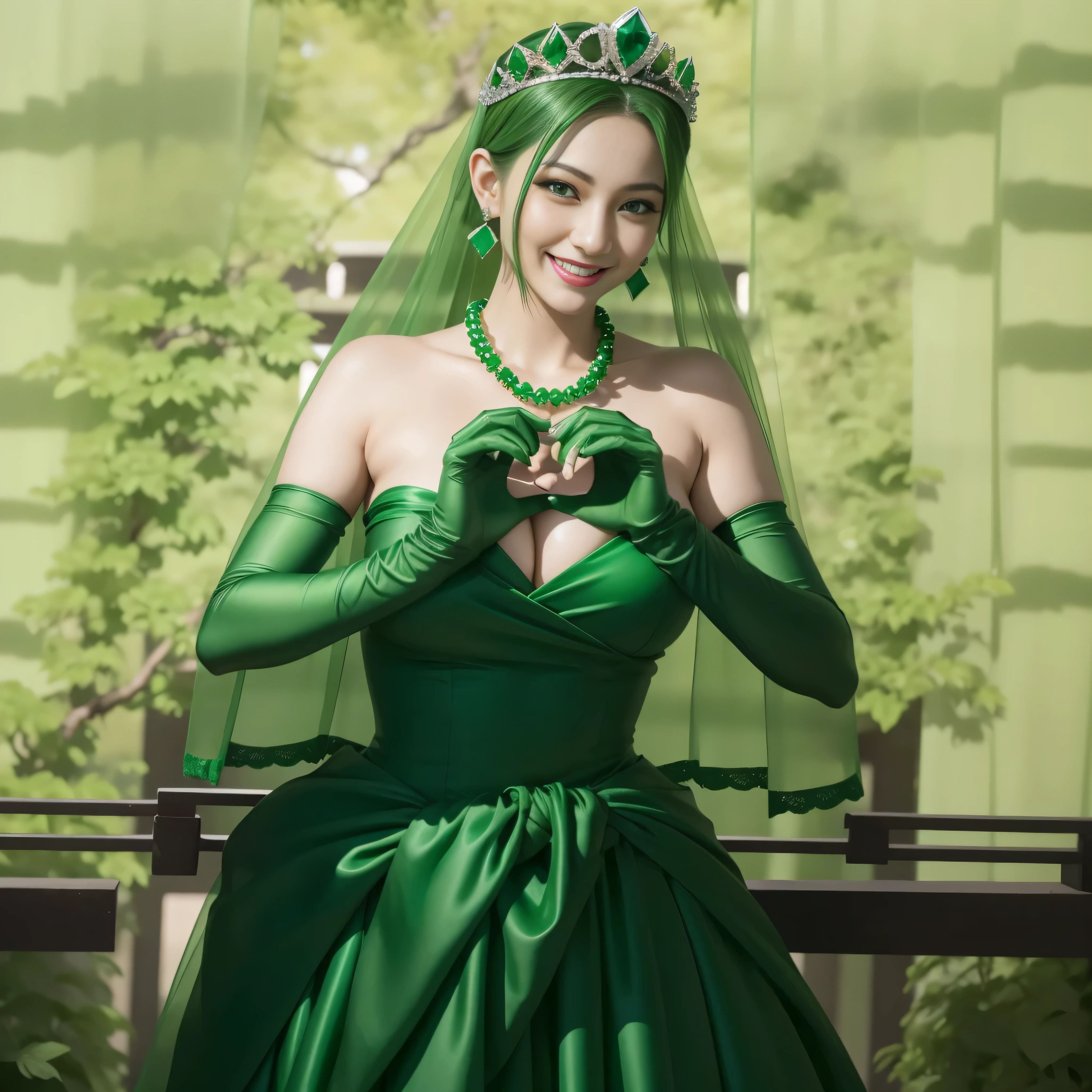 emerald tiara, green pearl necklace, ボーイッシュな非常に短いgreen hair, lipstick, smiling Japanese woman, very short hair,  Beauty with large breasts, green eyes, Long Green Satin Gloves, green eyes, emerald earrings, green veil, heart with both hands, green hair