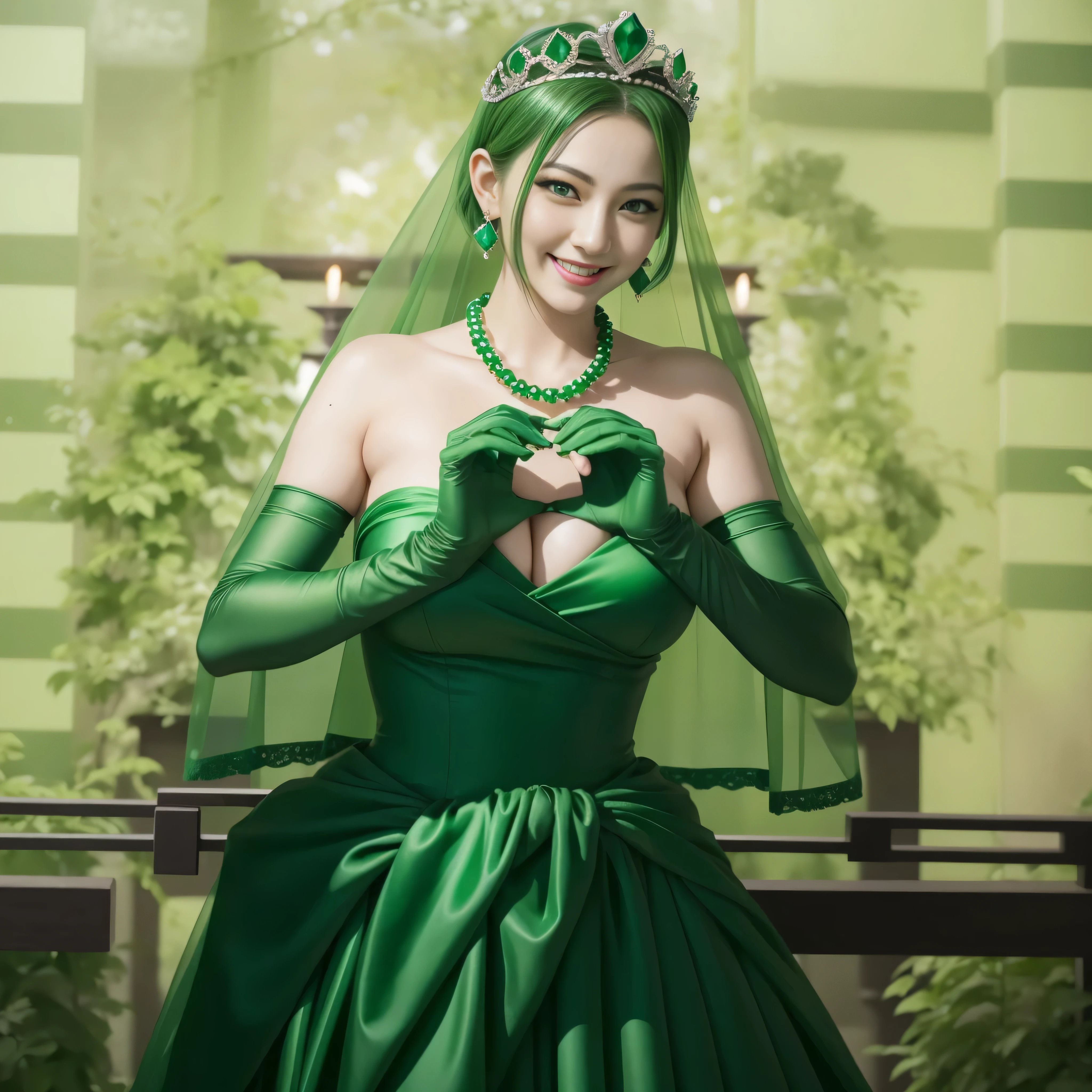 emerald tiara, green pearl necklace, ボーイッシュな非常に短いgreen hair, lipstick, smiling Japanese woman, very short hair, Beauty with large breasts, green eyes, Long Green Satin Gloves, green eyes, emerald earrings, green veil, heart with both hands, green hair