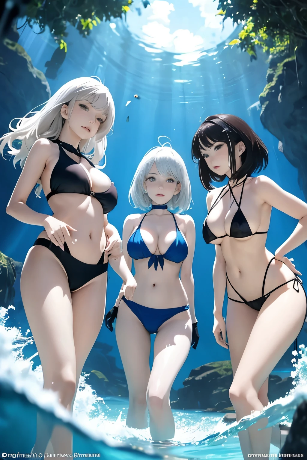 Three women in bikinis under the water, Dive directly underwater to take underwater photos, seductive anime girls, beautiful and seductive anime woman, Guviz-style artwork, Perfect white haired girl, Beautiful anime girl. scenery background, in beach, Beautiful anime woman, trending on artstation pixiv, Extremely detailed Artgerm, Beautiful anime，Extra-large big breasts，Blush，In the blue sea, nsfw