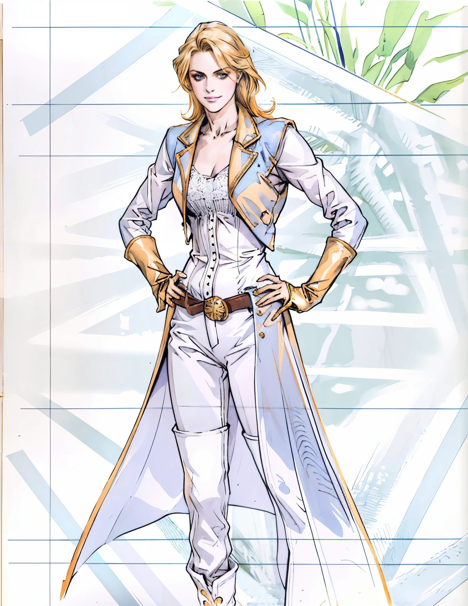 A beautiful woman with flowing orange long hair, exquisite facial features, a playful smile, confident eyes, a tall figure, a two-piece fantasy-style pirate robe coat, yellow as the main color, complemented by red accents, long wrist guard gloves on her hands, a gold belt around her waist with a short hem, leather pants, knee-high boots, standing with her hands on her hips in front of a fantasy medieval-style port tavern, this character embodies a finely crafted fantasy-style female pirate in anime style, exquisite and mature manga art style, high definition, best quality, highres, ultra-detailed, ultra-fine painting, extremely delicate, professional, anatomically correct, symmetrical face, extremely detailed eyes and face, high quality eyes, creativity, RAW photo, UHD, 8k, Natural light, cinematic lighting, masterpiece-anatomy-perfect, masterpiece:1.5