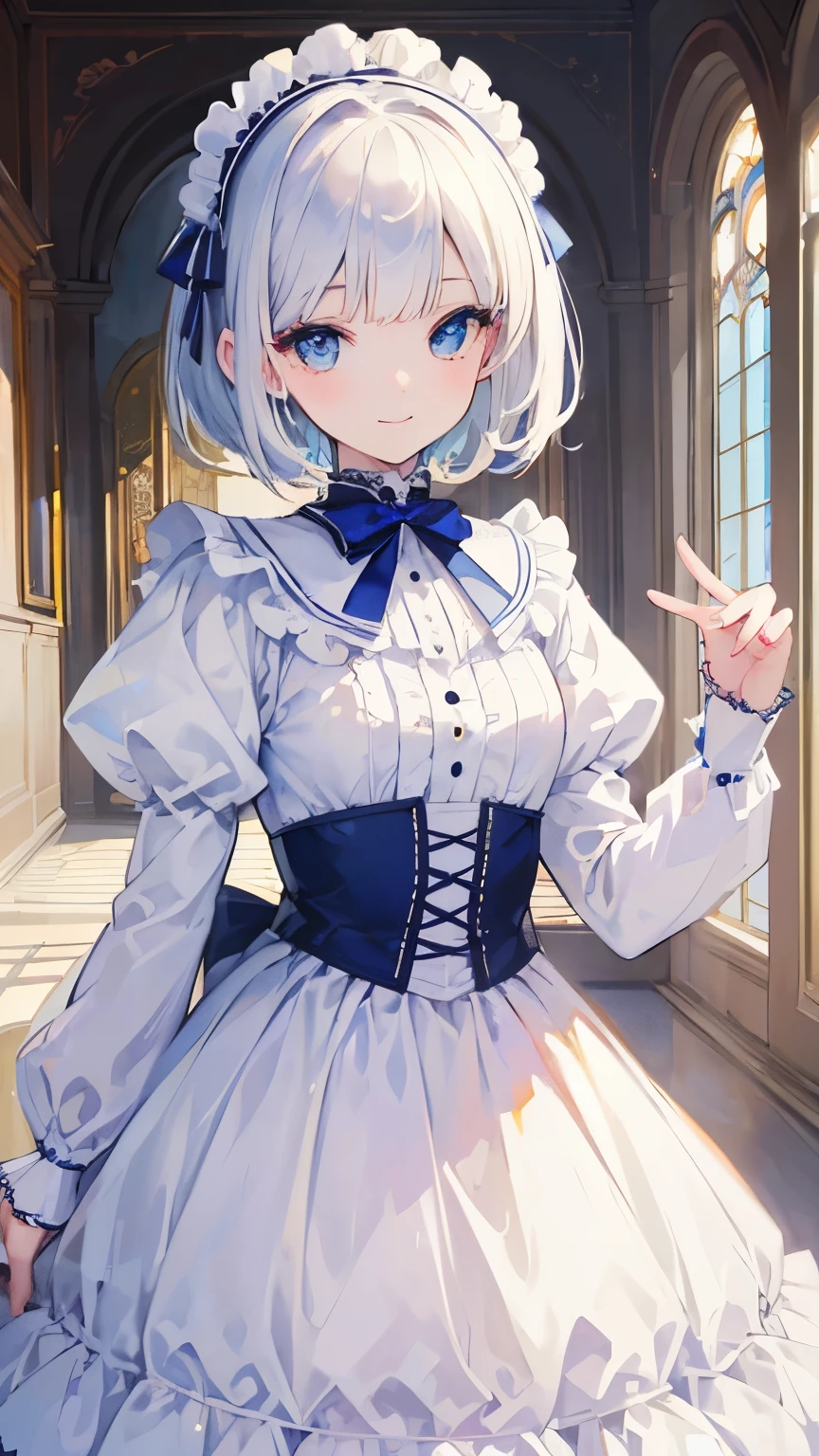 (((masterpiece))),(((best quality))),((Super detailed)),(illustration),super cute girl,(white)short hair,cut bangs,blue eyes,ta,thin and small,smile