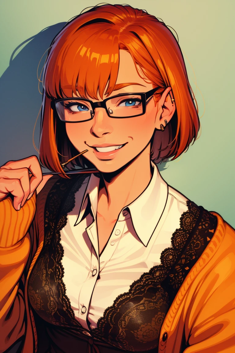 Ginger nerd, portrait, short hair, bangs, glasses, nose piercing, smile, nose piercing