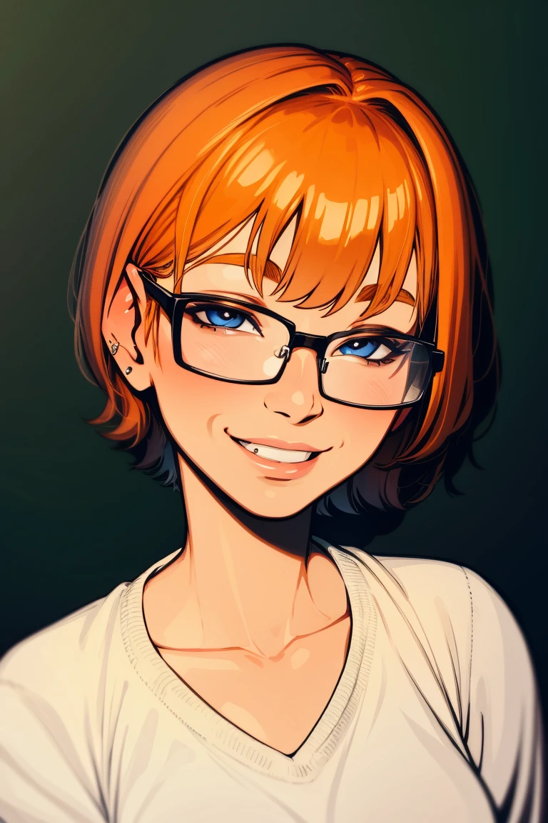 Ginger nerd, portrait, short hair, bangs, glasses, nose piercing, smile, detailed face