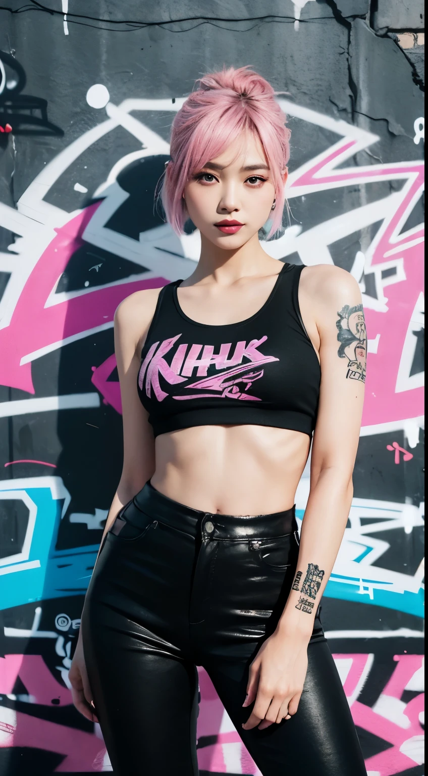 best quality, Clarity, 4k, 8k, detail, actual, Beautiful Girl, Korean makeup, black lips, pink and blue mullet haircut, Perfect body, full yakuza tattoo arm, thigh, stand, pose standing, medium chest, tank top, black legging Pants, Solid graffiti wall background, Graffiti art,