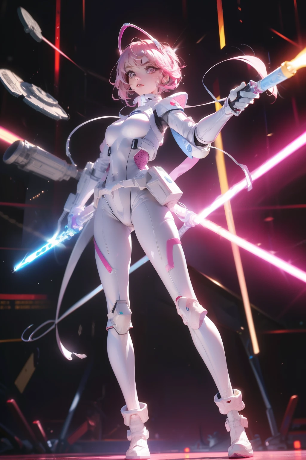 （masterpiece：1.3），（best quality：1.3），Lightsaber in hand。.3D，8K，.1girl，solo，Pink hair，Pink eyes，helmet，Full body lesbian，space suit，tights，Gloves，stand on two feet，