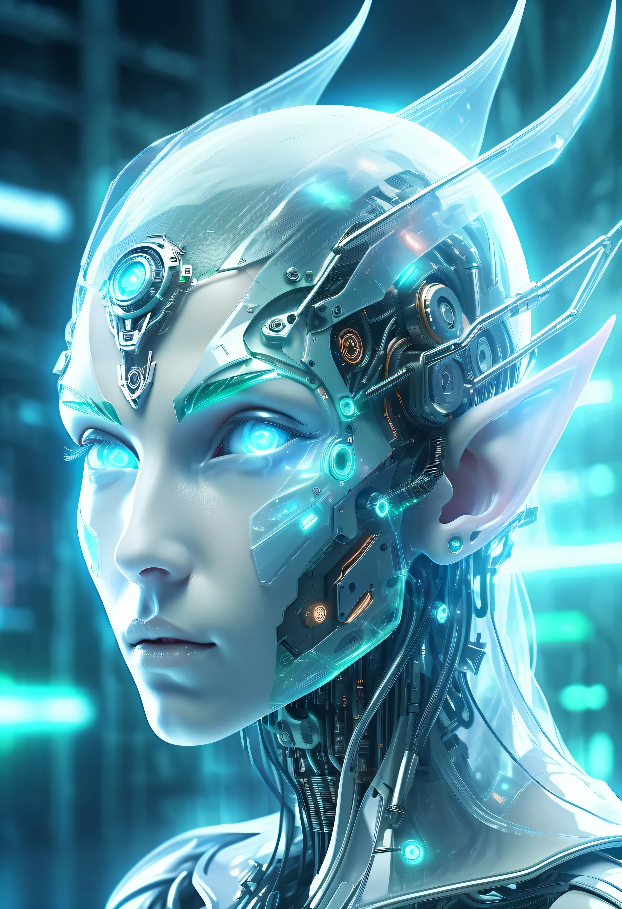 Elegant translucent mechanical elf face,futuristic elf face,Mechanical connection technology elf face,futuristic background