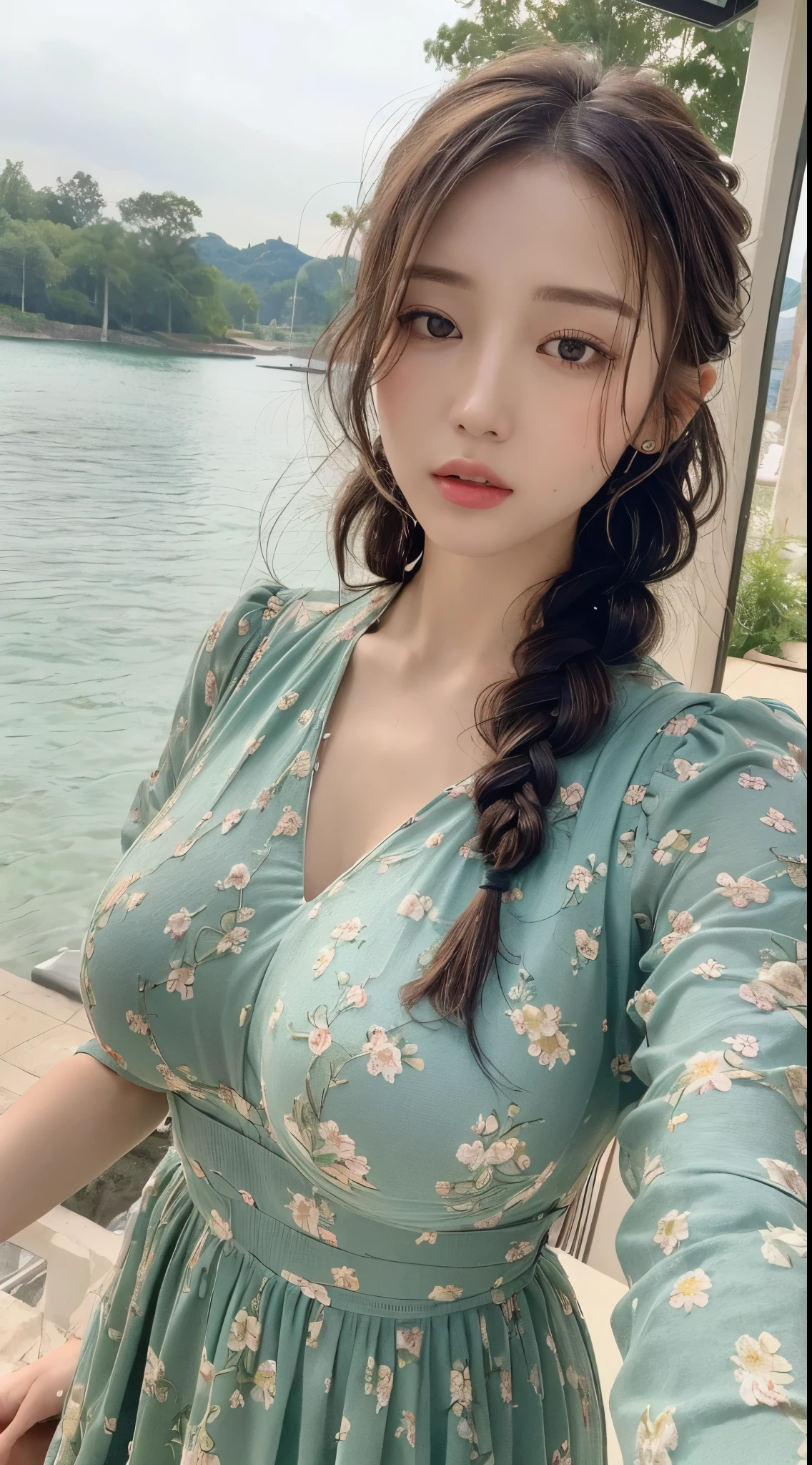 ((Best quality, 8k, Masterpiece :1.3)), 1girl, Pretty woman with emphasizing slender abs :1.3, (random hairstyles, Huge breasts :1.2), Wet clothes :1.2, Ultra-detailed face, Detailed eyes, Double eyelid,flower sexy dress,braided hairs flowers