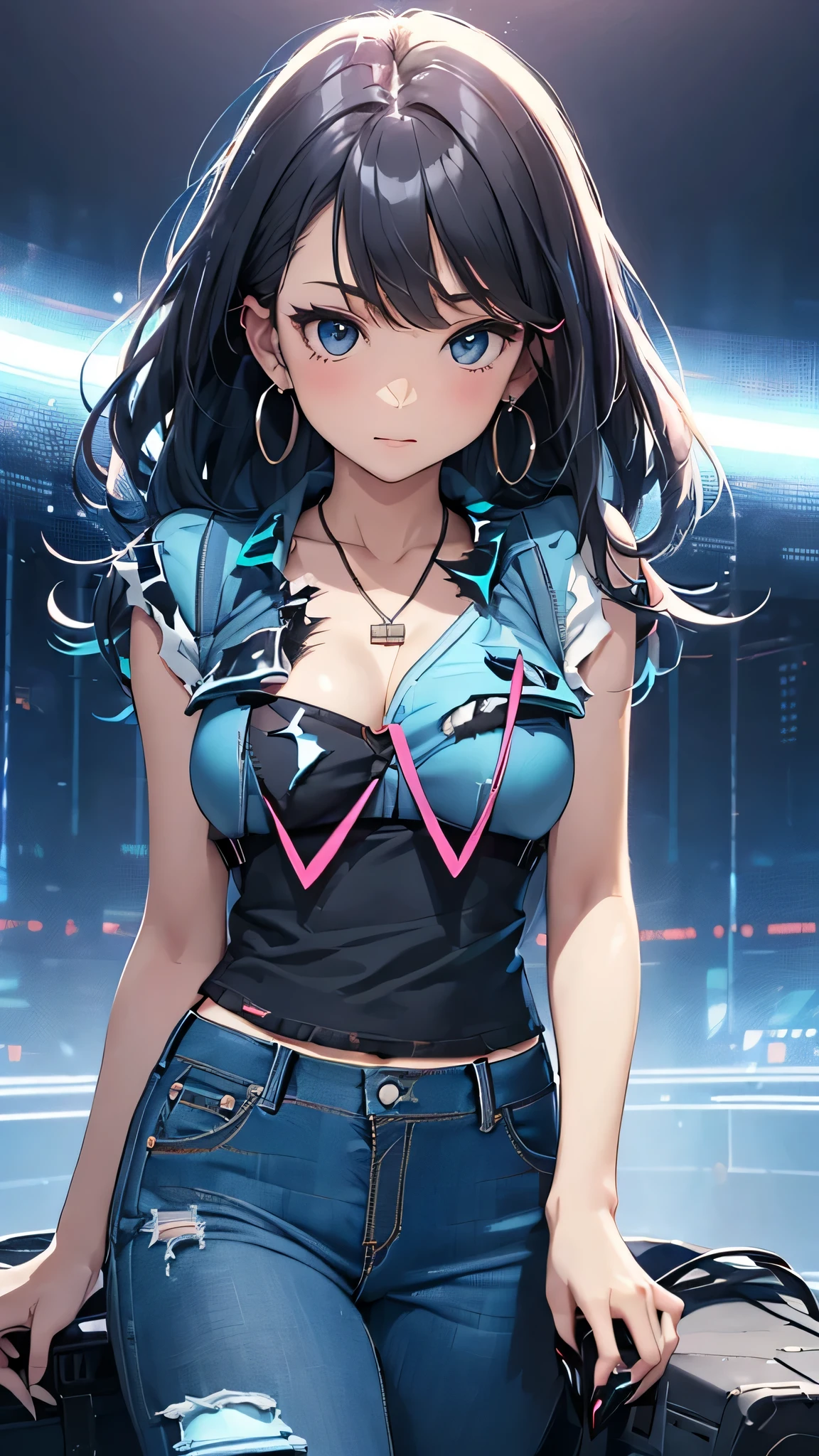 最high quality、best image quality、masterpiece、teenage girl((18-year-old、 By becoming、vest bust、medium bust,wide open breast tea、black eye, black hair、long hair、thin,highest valley、Perforated gloves、blue earrings、dog tag、Please show me your whole body、fighting pose、Western Hat、black vest、white t-shirt、torn blue pants(2:3))),high quality、beautiful art、background((grassland)),debris flies、Depth of written boundary、movie、visual art、perfect art、8K,genuine