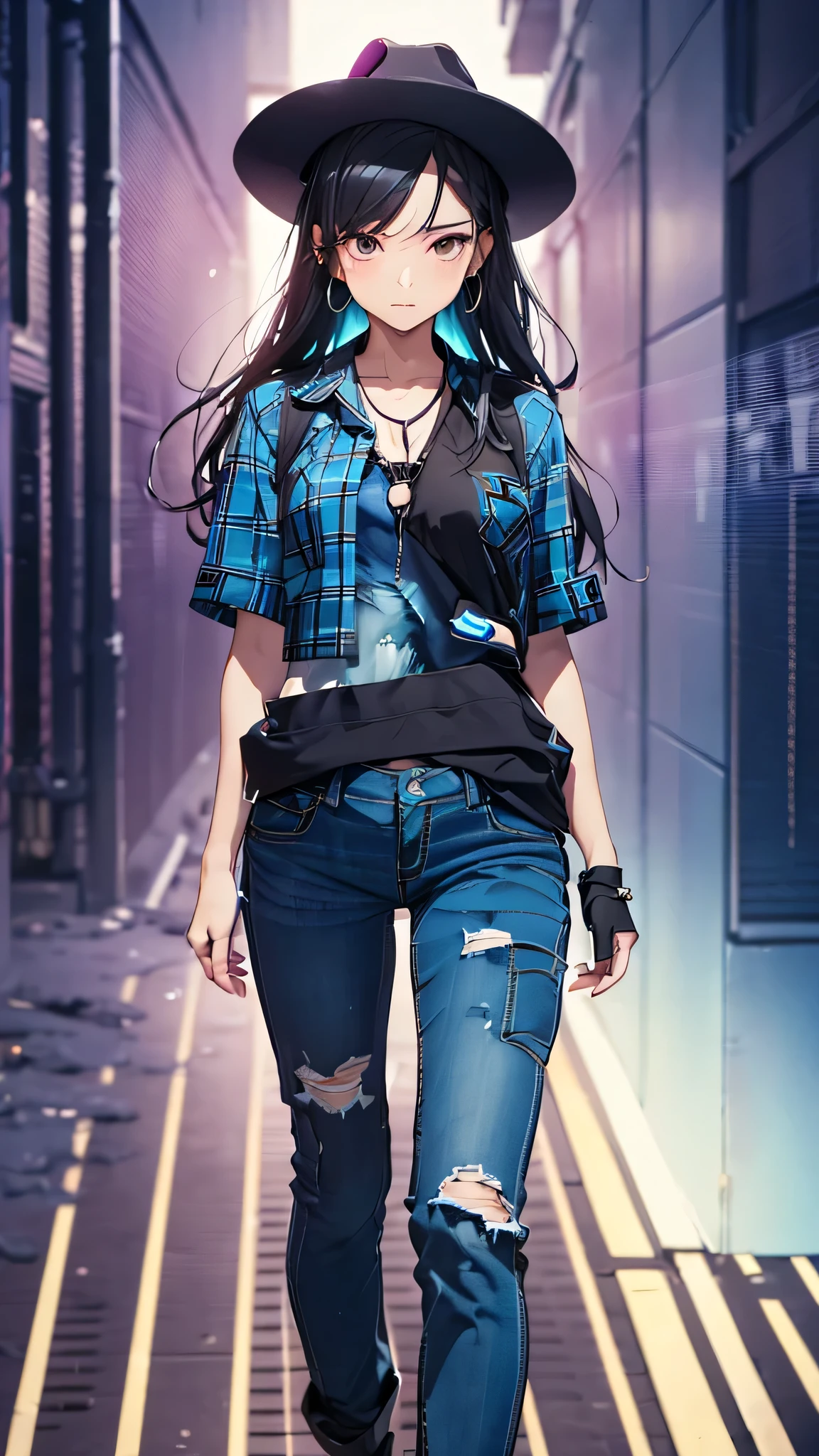 最high quality、best image quality、masterpiece、teenage girl((18-year-old、 By becoming、vest bust、medium bust,wide open breast tea、black eye, black hair、long hair、thin,highest valley、Perforated gloves、blue earrings、dog tag、Please show me your whole body、fighting pose、Western Hat、black vest、white t-shirt、torn blue pants(2:3))),high quality、beautiful art、background((grassland)),debris flies、Depth of written boundary、movie、visual art、perfect art、8K,genuine