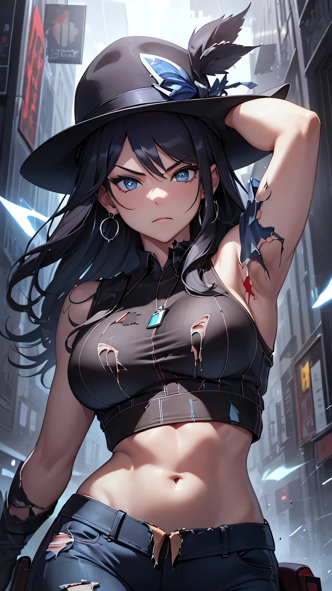 最high quality、best image quality、masterpiece、teenage girl((18-year-old、 By becoming、vest bust、medium bust,wide open breast tea、black eye, black hair、long hair、thin,highest valley、Torn black t-shirt(2:3)、angry face,damaged pants(2:3)、Perforated gloves、blue earrings、dog tag、Please show me your whole body、fighting pose、black hat)),high quality、beautiful art、background((City of night、Blue lightning strike、heavy rain、strong wind、Center of the intersection)),debris flies、Depth of written boundary、movie、visual art、perfect art、8K,genuine