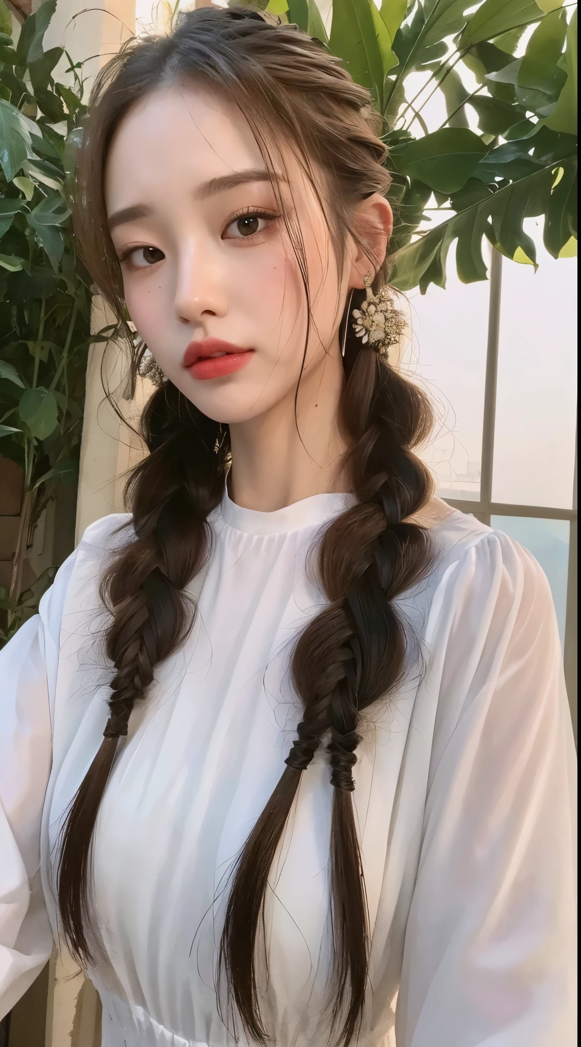 ((Best quality, 8k, Masterpiece :1.3)), 1girl, Pretty woman with emphasizing slender abs :1.3, (random hairstyles, Huge breasts :1.2), Wet clothes :1.2, Ultra-detailed face, Detailed eyes, Double eyelid,flower sexy dress,braided hairs flowers
