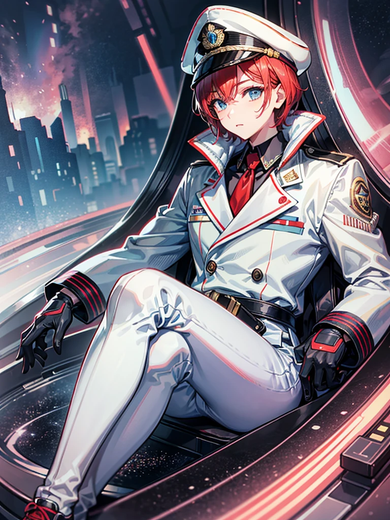 (((masterpiece、Highest image quality、highest quality、highly detailed unity 8kwallpaper)))、(Illustration of one woman)、30 years old、(Viceroy)、((Red-haired shorthair、sidelocks:1.2))、blue eyes、((tall、stocky build、thickset physique:1.3、muscular legs、broad shoulders、solid chest))、((Military uniforms))、((Military Cap))、((military coat))、(white clothes)、(white pants)、(white hat)、trench coat、、(((manspreading、Sitting in the captain's seat)))、(((Inside a futuristic spaceship、Surrounded by instruments and monitors、The Universe on the Monitor、Earth seen from space)))