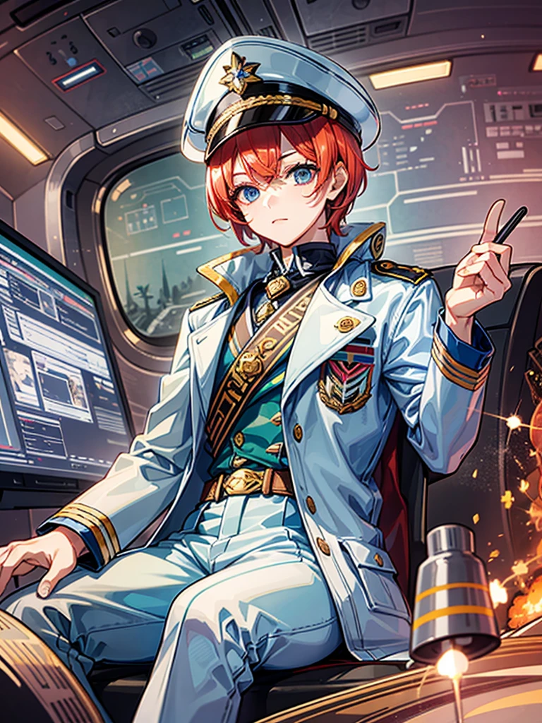 (((masterpiece、Highest image quality、highest quality、highly detailed unity 8kwallpaper)))、(Illustration of one woman)、30 years old、(Viceroy)、((Red-haired shorthair、sidelocks:1.2))、blue eyes、((tall、stocky build、thickset physique:1.3、muscular legs、broad shoulders、solid chest))、((Military uniforms))、((Military Cap))、((military coat))、(white clothes)、(white pants)、(white hat)、trench coat、、(((manspreading、Sitting in the captain's seat)))、(((Inside a futuristic spaceship、Surrounded by instruments and monitors、The Universe on the Monitor、Earth seen from space)))