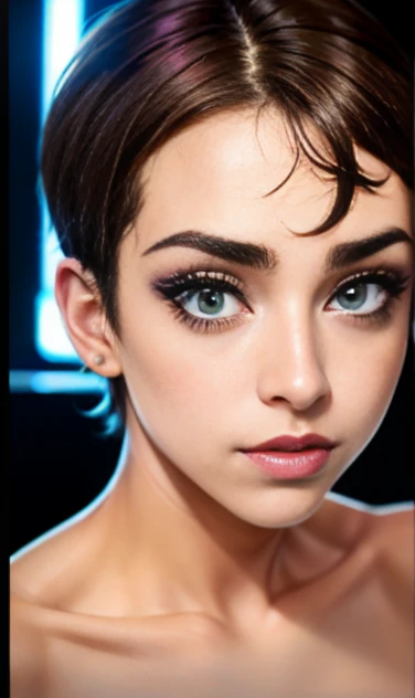 Photo of a 15-year-old European girl, .RAW, beautiful woman,pecas en mejillas y pecho ,hermosos  ojos azules(Light brown hair pixie haircut),corte de cabello pixie desalineado ((retrato)), ((Cara detallada:1.2)), ((Detailed facial features)), (Piel finamente detallada)  ,lindo maquillaje, Purple eyeshadows on eyelids ,Un sexy(cool color), (Masutepiece) (proporciones perfectaotos realistas)(La mejor calidad), NffSW, (8k) (papel tapiz) (cinematic lighting) (Dramatic lighting) (sharp focus) (Enrevesado) , fondo variado , linda sonrisa, foto de cuerpo completo , posando para foto , gargantilla negra , aretes en forma de clip , maquillaje , ojos azules, labios rojos , sombra de ojos morada , viste ropa grunge , ropa de motociclista, sostiene guitarra electrica morada, chica alegre , foto de cuerpo completo 