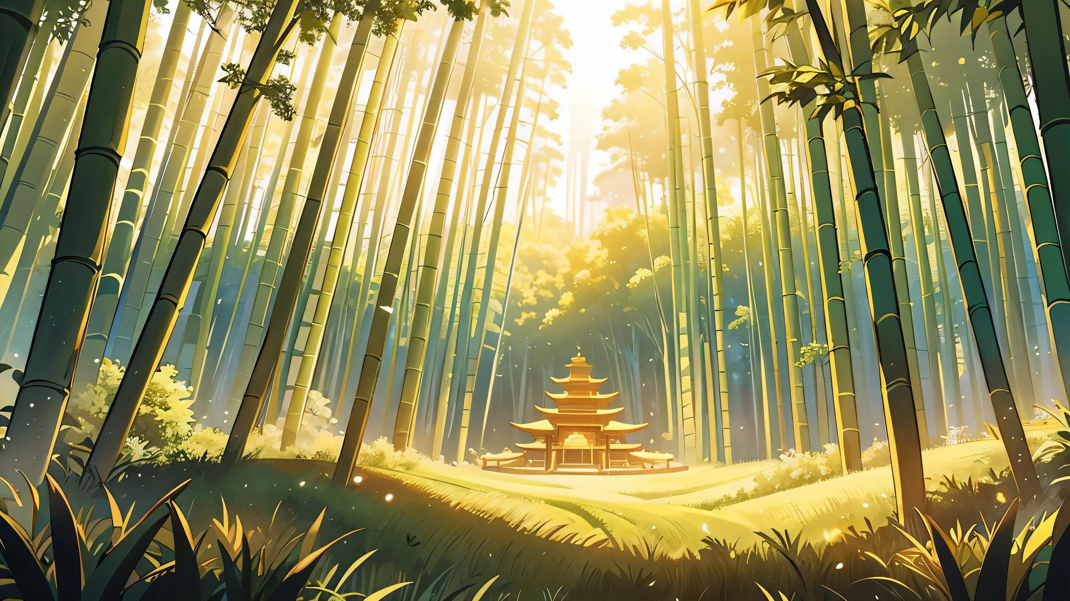 The top of a very wide bamboo forest  ,  Extremely wide-angle lens ,Side shot  , nobody , outdoor background , very big golden sky , golden dusk lights,