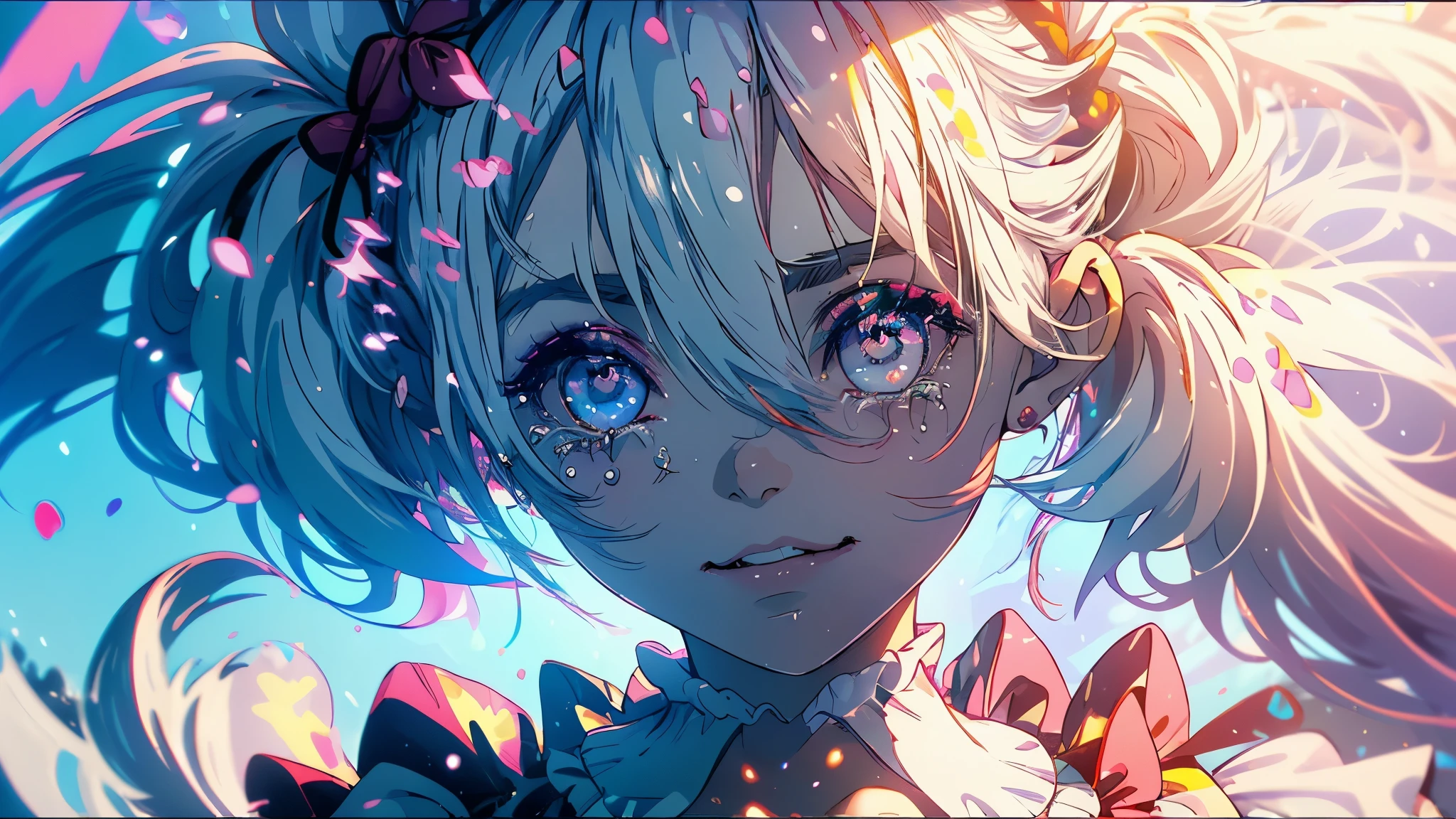 hair bobbles, wince, long eyelashes, solid circle eyes, light smile, ear blush, fang, (((white hair))), makeup, blush, sad, sad smile, anaglyph, atmospheric perspective, 8k, super detail, accurate, best quality, glow lighting, masterpiece,1girll, ((((short twintails)))), Colorful hair, flying, pink bows,((-yeld fee model)), (angel halo) , (((close-up))), eye level shot, (((lolita dress))), (((wide shot))), ((((( color splash ))))),(((solo))))