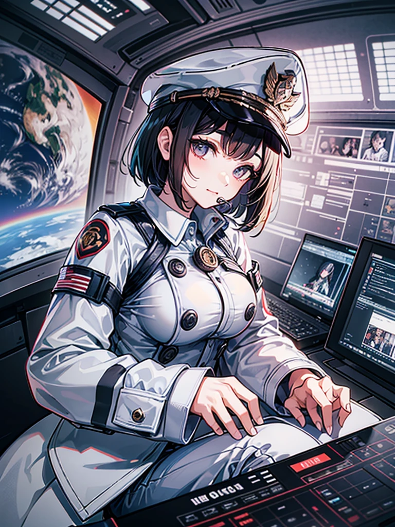 （（（masterpiece、Highest image quality、highest quality、highly detailed unity 8ｋwallpaper）））、（Illustration of one woman）、30 years old、（Viceroy）、（（Black hair bob cut））、（（（Gas mask covering the mouth）））、gray eyes、（（tall、big breasts））、（（Military uniforms））、（（Military Cap））、（（military coat））、（white clothes）、（white pants）、（white hat）、trench coat、（（（Sitting in the captain's seat）））、（（（Inside a futuristic spaceship、Surrounded by instruments and monitors、The Universe on the Monitor、Earth seen from space）））