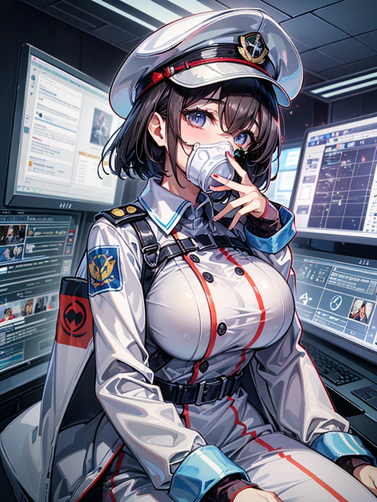 (((masterpiece、Highest image quality、highest quality、highly detailed unity 8kwallpaper)))、(Illustration of one woman)、30 years old、(Viceroy)、((Black hair bob cut))、(((Gas mask covering the mouth)))、gray eyes、((tall、big breasts))、((Military uniforms))、((Military Cap))、((military coat))、(white clothes)、(white pants)、(white hat)、trench coat、(((Sitting in the captain's seat)))、(((Inside a futuristic spaceship、Surrounded by instruments and monitors、The Universe on the Monitor、Earth seen from space)))