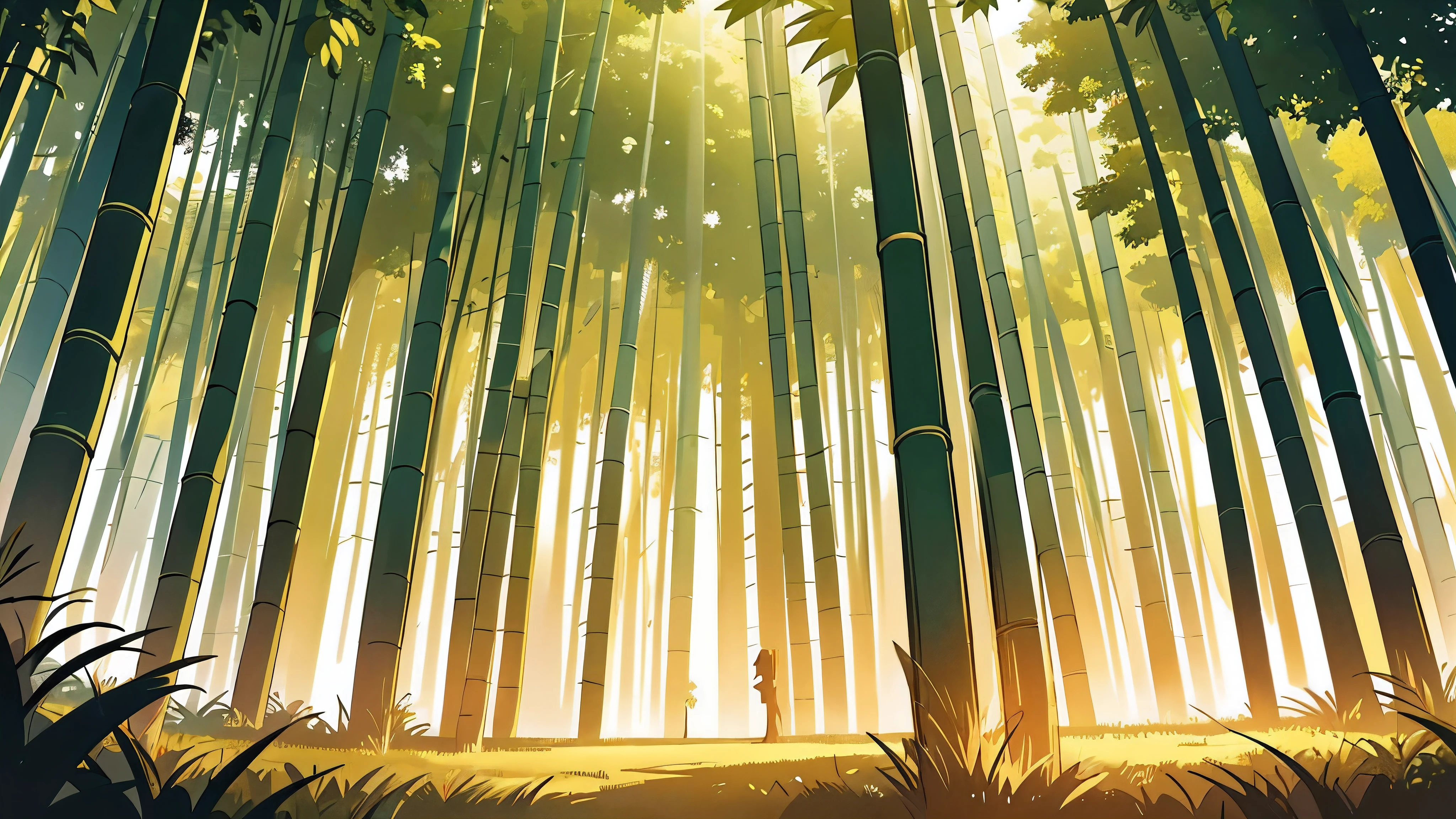 The top of a very wide bamboo forest , Extremely wide-angle lens ,Side shot , nobody , outdoor background , very big golden sky , golden dusk lights,
