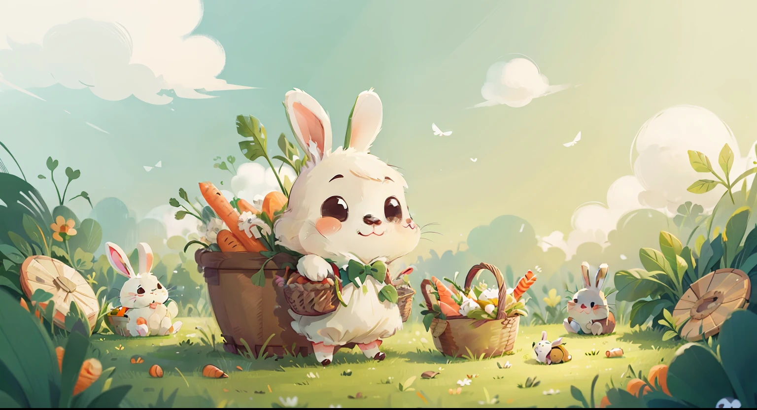 Fresh and simple illustration style, Cute little bunny, Background of green leafy grass, White clouds float in the sky, The little rabbit narrowed his smiling eyes into a line, It carried a basket full of fresh carrots。