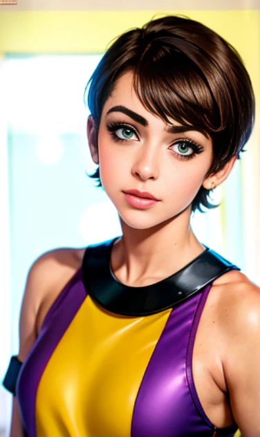 Photo of a 15-year-old European girl, .RAW, beautiful woman,pecas en mejillas y pecho ,hermosos  ojos azules(Light brown hair pixie haircut),corte de cabello pixie desalineado ((retrato)), ((Cara detallada:1.2)), ((Detailed facial features)), (Piel finamente detallada)  ,lindo maquillaje, Purple eyeshadows on eyelids ,Un sexy(cool color), (Masutepiece) (proporciones perfectaotos realistas)(La mejor calidad), NffSW, (8k) (papel tapiz) (cinematic lighting) (Dramatic lighting) (sharp focus) (Enrevesado) , fondo variado , linda sonrisa, foto de cuerpo completo , posando para foto , gargantilla negra , aretes en forma de clip , maquillaje , ojos azules, labios rojos , sombra de ojos morada , viste ropa grunge , ropa de motociclista, sostiene guitarra electrica morada, chica alegre , foto de cuerpo completo 