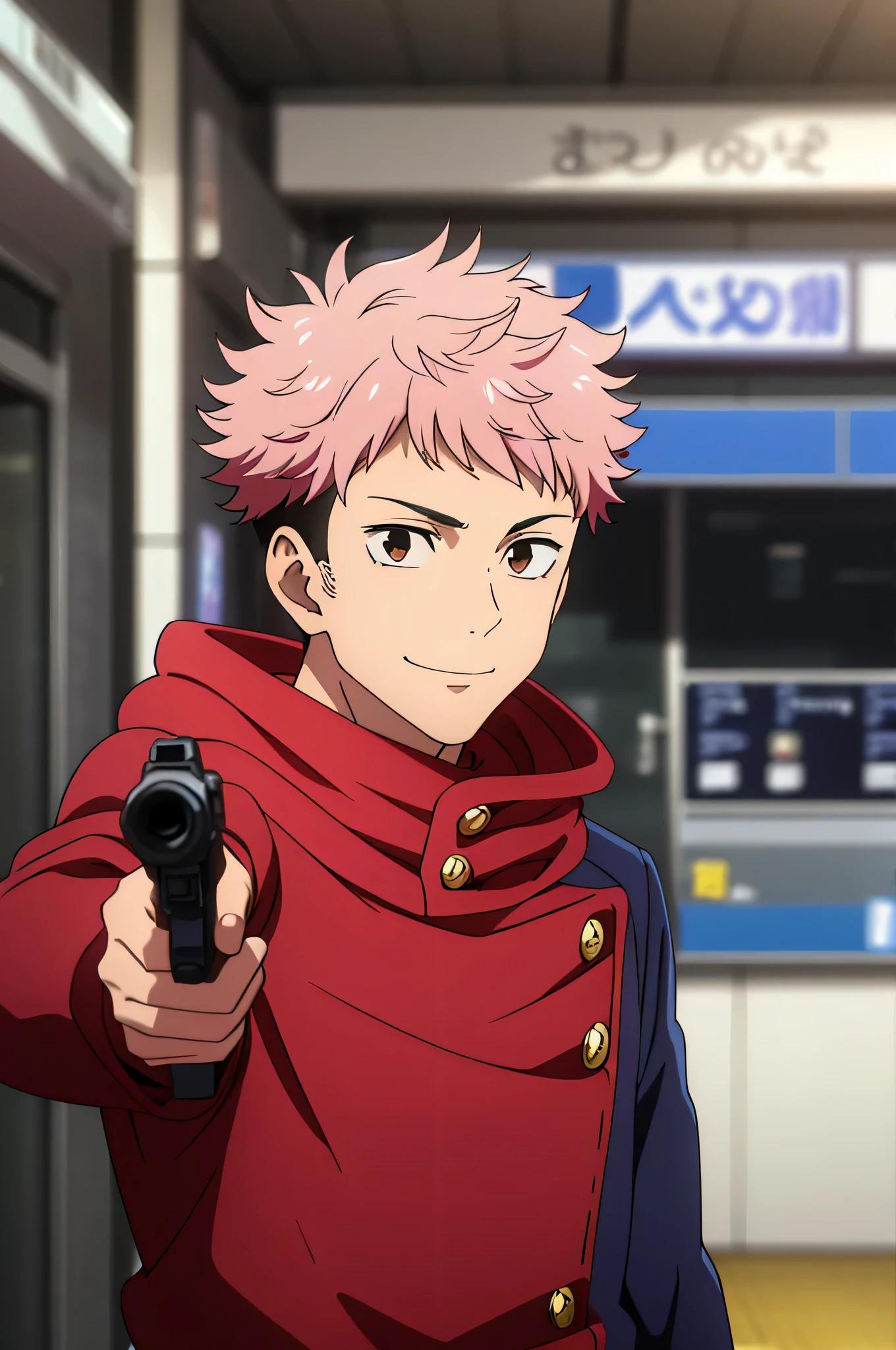 masterpiece, best quality, 1boy, itadori yuuji, pink hair, spiked short hair, undercut, brown eyes, facial mark, red hoodie, gakuran, jacket, blue jacket, upper body, solo, looking at viewer, smile, simple background,Exquisite visuals, high-definition,masterpiece,best quality, gun, holding gun,looking at viewer,Exquisite visuals, high-definition,masterpiece,best quality,extremely detailed CG unity 8k wallpaper, (masterpiece:1.0),(best_quality:1.0), ultra high res,4K,ultra-detailed, 8K, HDR, highres, absurdres:1.2, blurry background, bokeh:1.2, lens flare, (vibrant_color:1.2), aiming at viewer, holding pistol, handgun, masterpiece, detailed shadows, detailed light, highly detailed, best quality, HD, 4K, high quality, 
