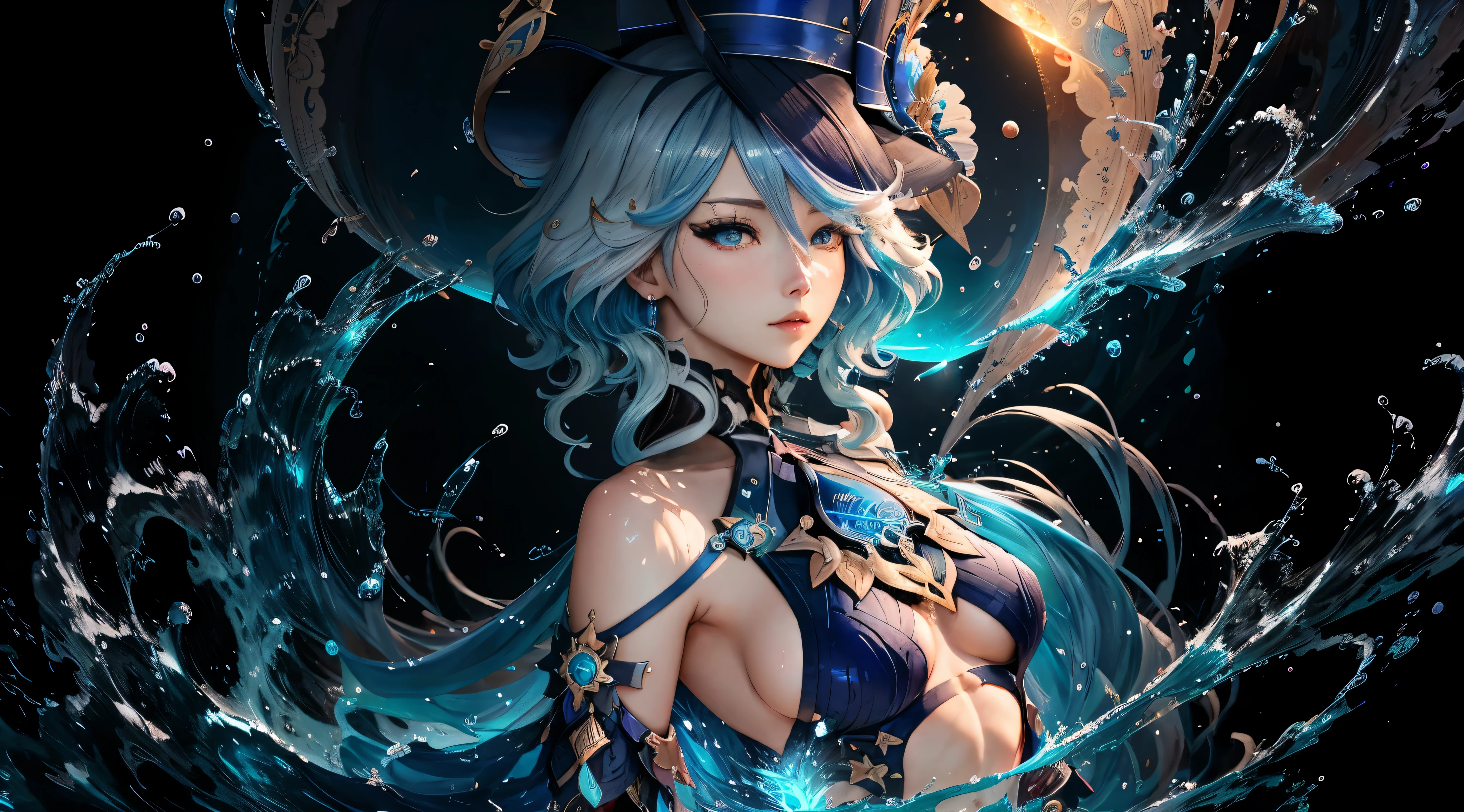 beautifuk girl in blue swimsuit with a blue hat, splash art anime , lunar themed attire, cushart krenz key art feminine, trending on artstation pixiv, beautiful celestial mage, keqing from genshin impact, crystalline skin, wallpaper anime blue water, queen of the sea mu yanling, astral witch clothes, genshin