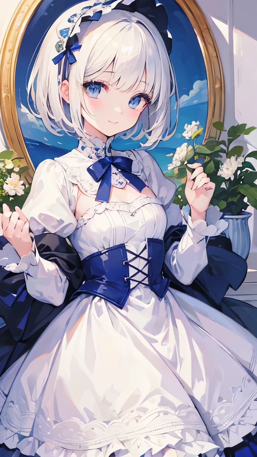 (((masterpiece))),(((best quality))),((Super detailed)),(illustration),(Bright eyes),super cute girl,(white)short hair,cut bangs,Sapphire eyes,lolita,thin and small,smile