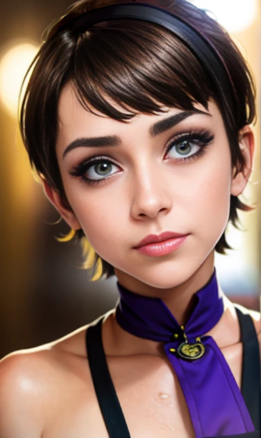 Photo of a 15-year-old European girl, .RAW, beautiful woman , modelo adolescente ,pecas en mejillas y pecho ,hermosos ojos azules(Light brown hair pixie haircut),corte de cabello pixie desalineado ((retrato)), ((Cara detallada:1.2)), ((Detailed facial features)), (Piel finamente detallada) ,lindo maquillaje, Purple eyeshadows on eyelids ,Un sexy(cool color), (Masutepiece) (proporciones perfectaotos realistas)(La mejor calidad), NffSW, (8k) (papel tapiz) (cinematic lighting) (Dramatic lighting) (sharp focus) (Enrevesado) , fondo variado , linda sonrisa, foto de cuerpo completo , posando para foto , gargantilla negra , aretes en forma de clip , maquillaje , ojos azules, labios rojos , sombra de ojos morada , viste ropa grunge , ropa de motociclista, sostiene guitarra electrica morada, chica alegre , foto de cuerpo completo , posing for the camera