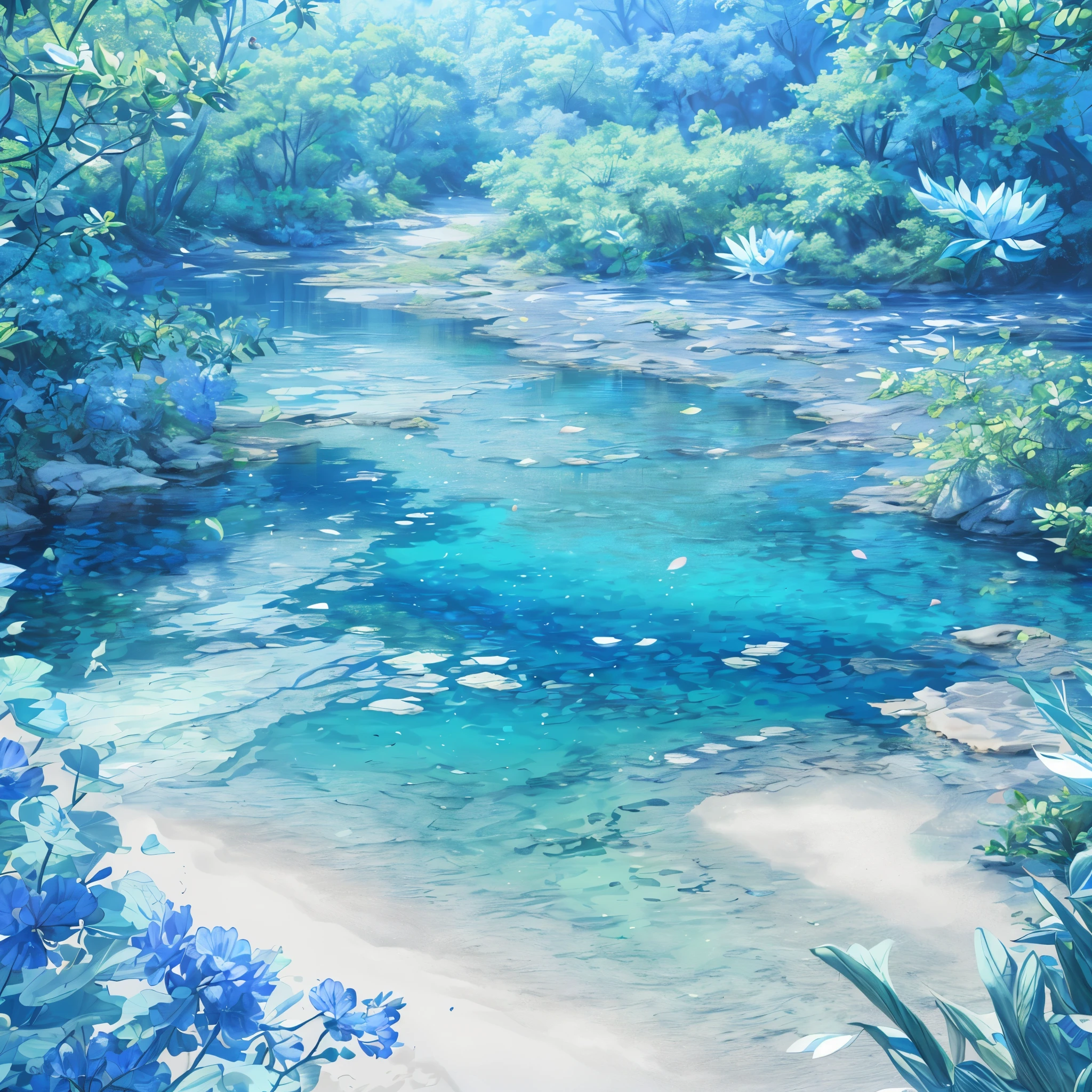 (best quality,4k,8k,highres,masterpiece:1.2), ultra-detailed, (photorealistic:1.37), (CG:1.1) (best quality) of a natural, blue sea with delicately colored tree leaves and flower petals falling in the air, light tracing, ultra-detailed, (best shadows) and (illustrations).