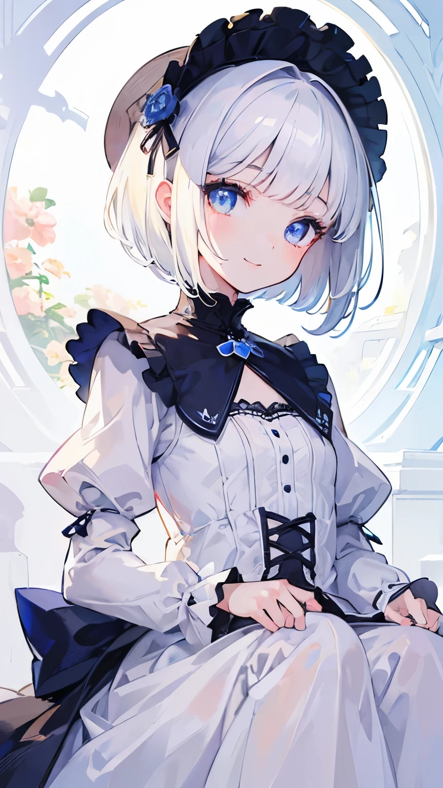 (((masterpiece)))，(((best quality)))，((Super detailed))，(illustration)，(Bright eyes)，super cute girl，(white)short hair，cut bangs，Sapphire eyes，lolita，thin and small，smile