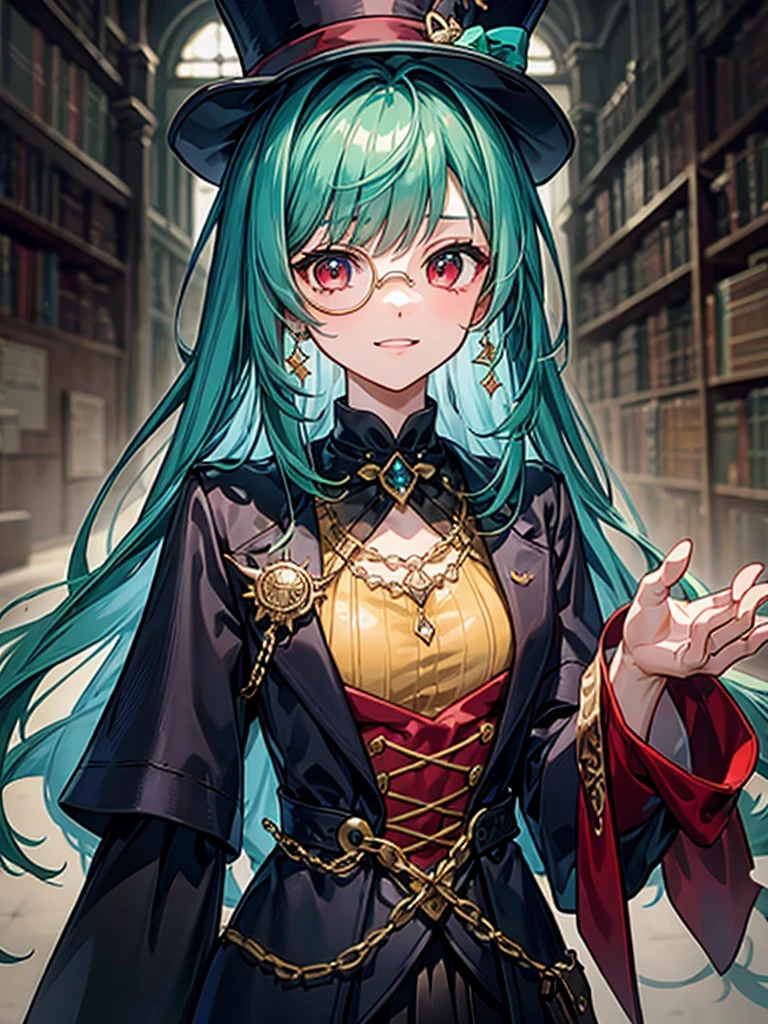 (((masterpiece、Highest image quality、highest quality、highly detailed unity 8kwallpaper)))、((Illustration of one girl、upper body))、(((beautiful girl)))、(librarian)、(Emerald green hair、sidelocks:1.2、red eyes)、(((crazy smile)))、(((flat chest)))、(monocle)、pocket watch、(((Black top hat、Black tuxedo)))、great medieval library