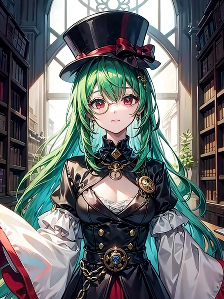 (((masterpiece、Highest image quality、highest quality、highly detailed unity 8kwallpaper)))、((Illustration of one girl、upper body))、(((beautiful girl)))、(librarian)、(Emerald green hair、sidelocks:1.2、red eyes)、(((crazy smile)))、(((flat chest)))、(monocle)、pocket watch、(((Black top hat、Black tuxedo)))、great medieval library
