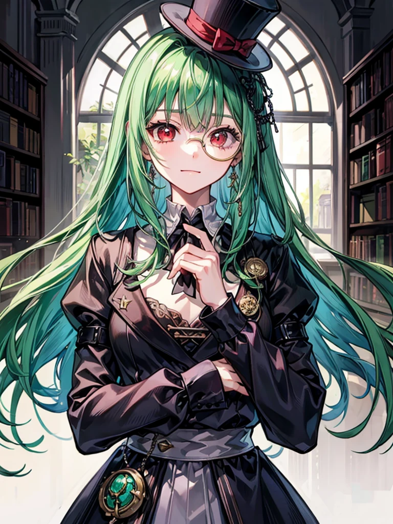 (((masterpiece、Highest image quality、highest quality、highly detailed unity 8kwallpaper)))、((Illustration of one girl、upper body))、(((beautiful girl)))、(librarian)、(Emerald green hair、sidelocks:1.2、red eyes)、(((crazy smile)))、(((flat chest)))、(monocle)、pocket watch、(((Black top hat、Black tuxedo)))、great medieval library