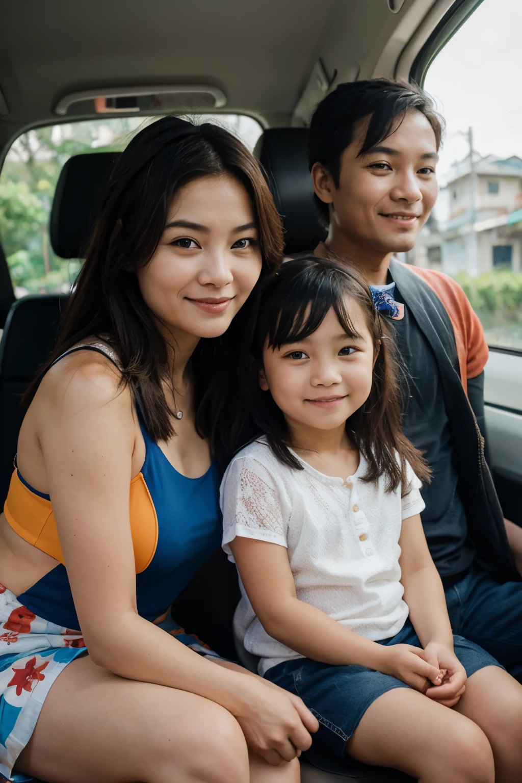 Young family consisting of 2 parents and 2 children traveling together, Vietnam people, sitting in a 16-seat tourist car, happy faces, beautiful sunshine, on the way to visit Hanoi